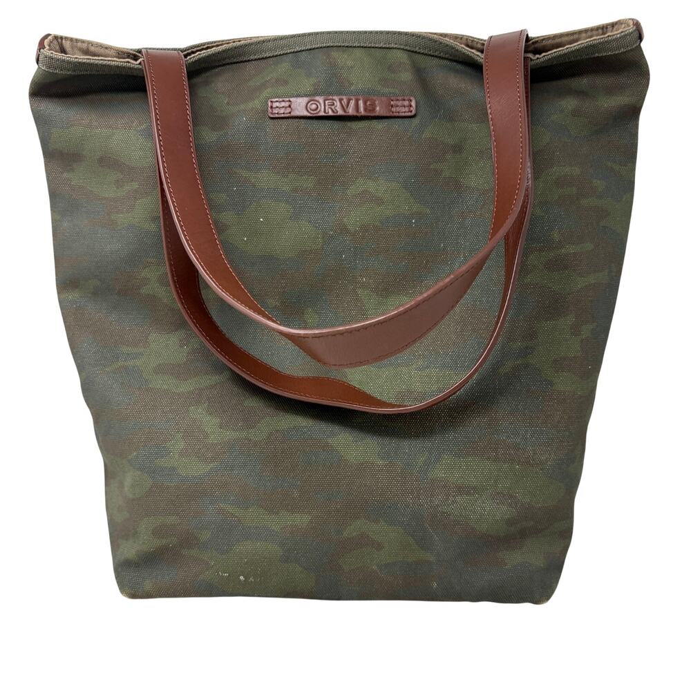 Orvis Camo Canvas Tote Bag Leather Trim Travel Casual Military Moto Army